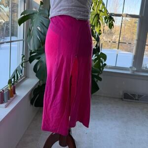 Vintage Lulus Hot Pink Linen Blend Midi Skirt with Side Slit XS
